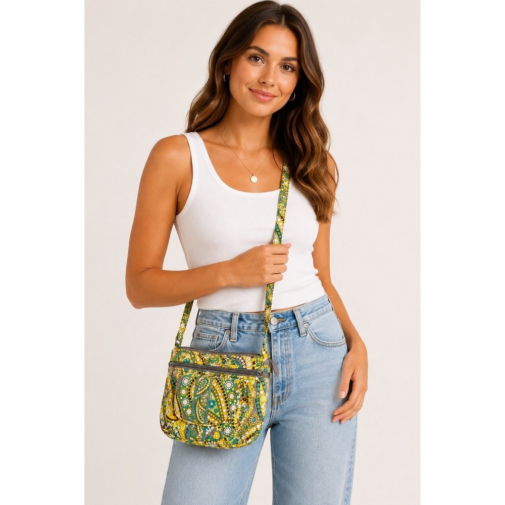 Vera Bradley Yellow Birdie Crossbody Purse Paisley Floral Cotton Bag EUC
